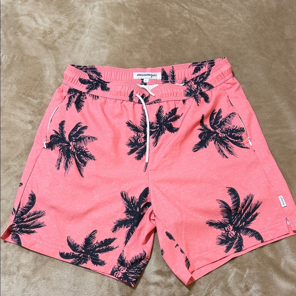 Magnetic Coral Pink Palm-Print Swim Trunks with Elastic Waist